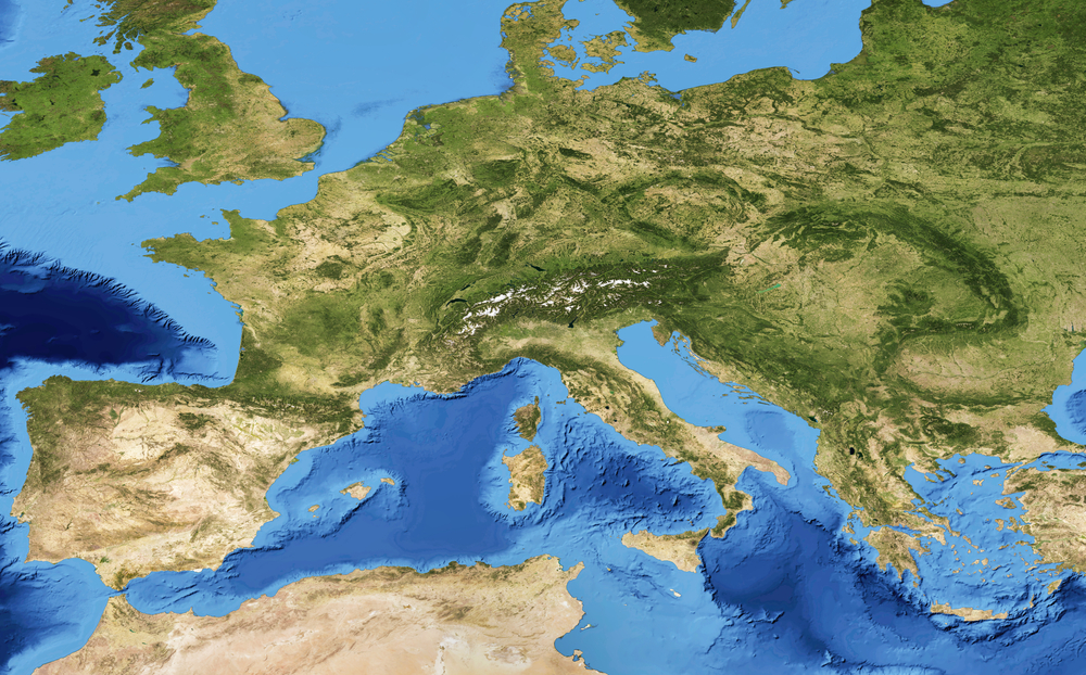 Europe,Map,In,Global,Satellite,Photo,,Green,Terrain,And,Blue
